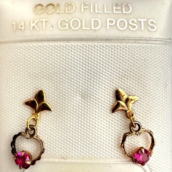 Vintage 14K Gold Post 12K Gold Fill Love Heart Ruby Stone Pierced Earrings Gift - Picture 10 of 10